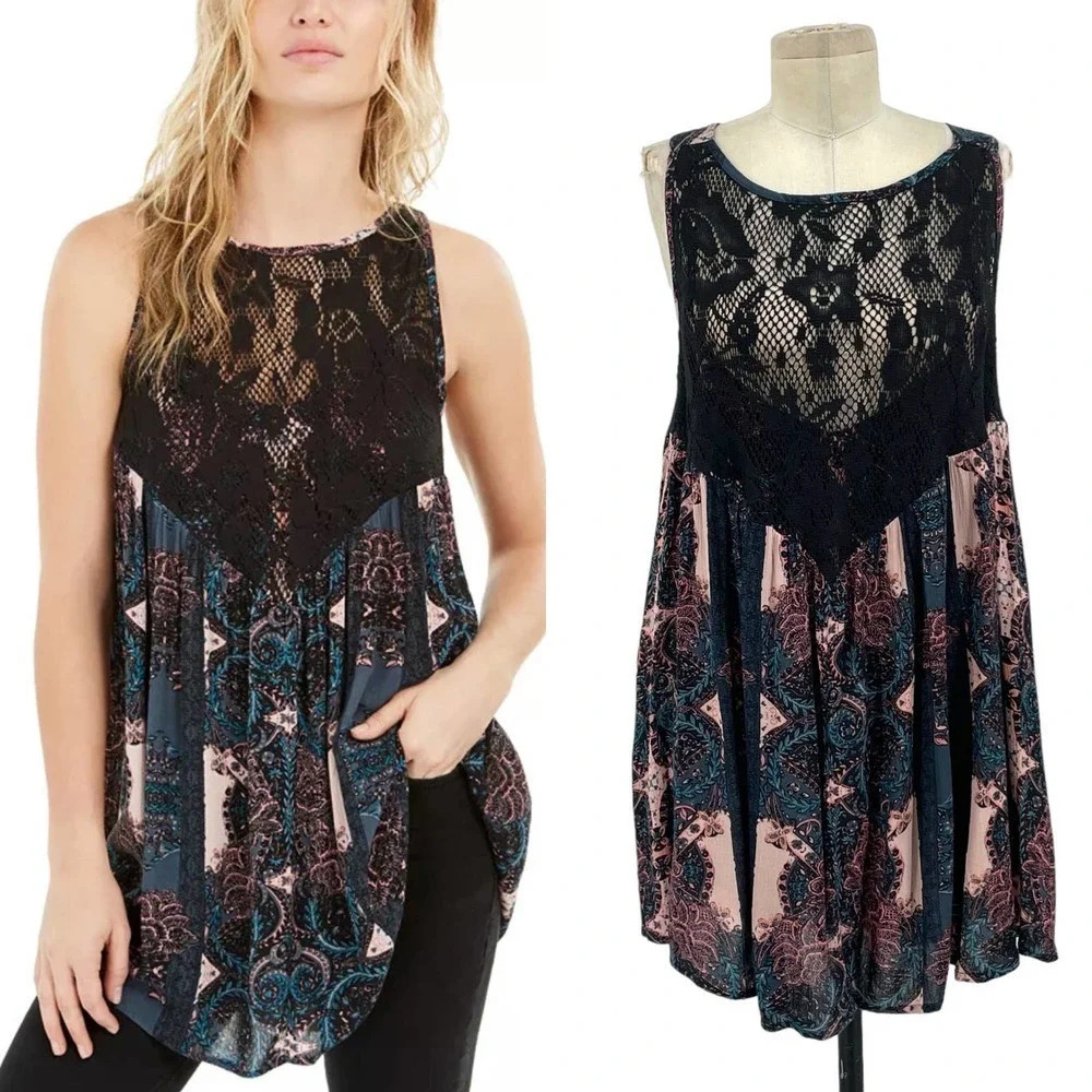 Free People Count Me In Trapeze Tunic Top Black Lace Pink Size Small
